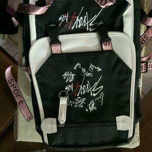 Unbranded Black and White Graphic Backpack with Pink Strap Accents